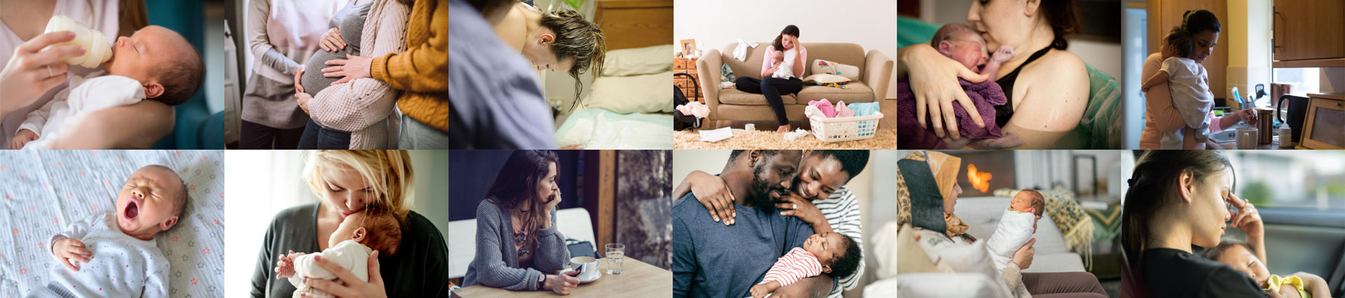 Collage of pregnancy, birth and new parent experiences representing maternal mental health support.